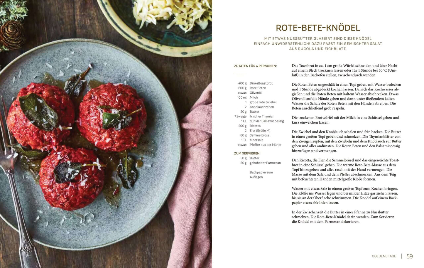 Plate of vibrant beetroot dumplings served with crispy sage leaves and shredded cabbage, accompanied by a recipe on an open book page.