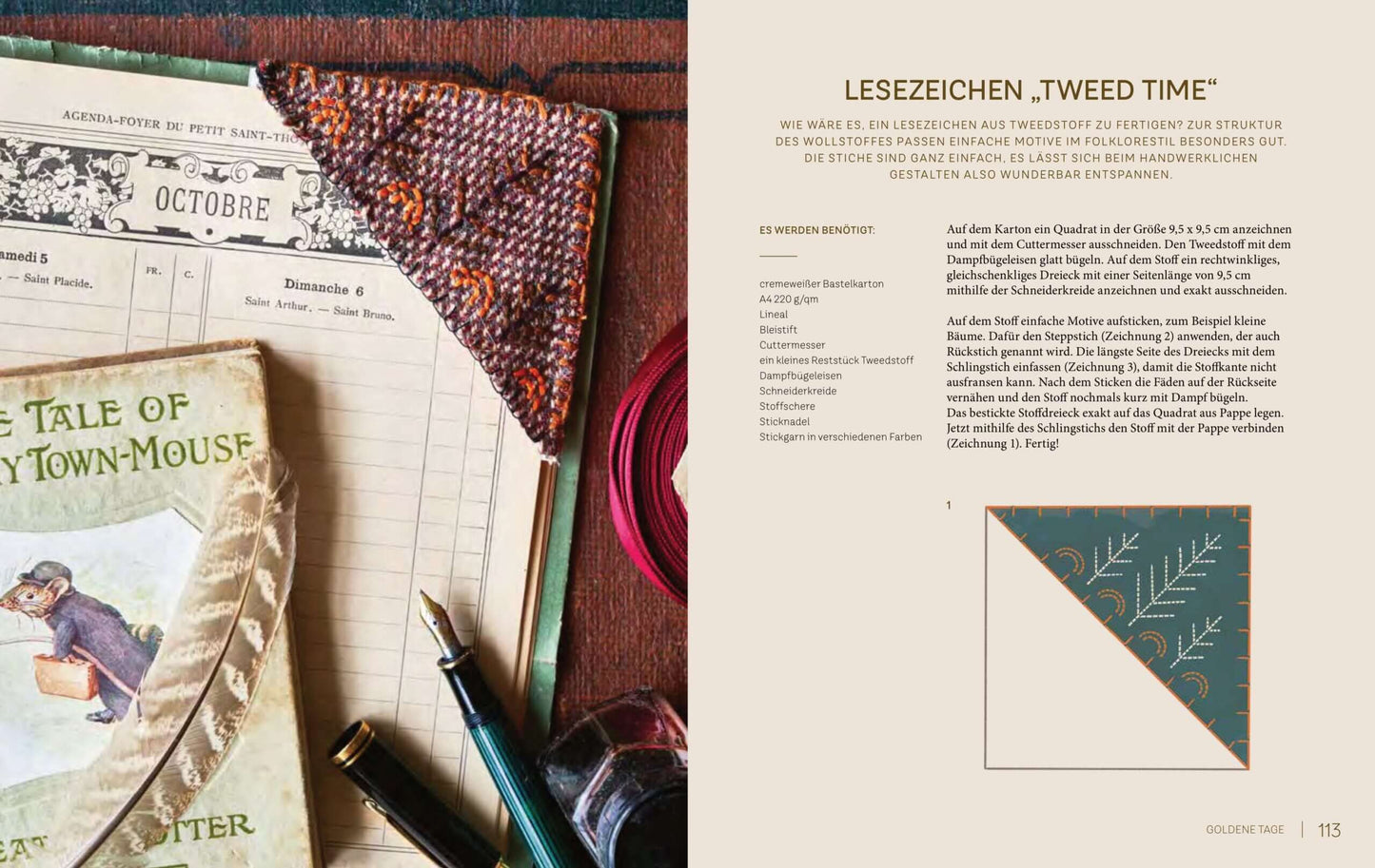 Tweed Time bookmark with notebooks, a book, and writing utensils on a table setting.