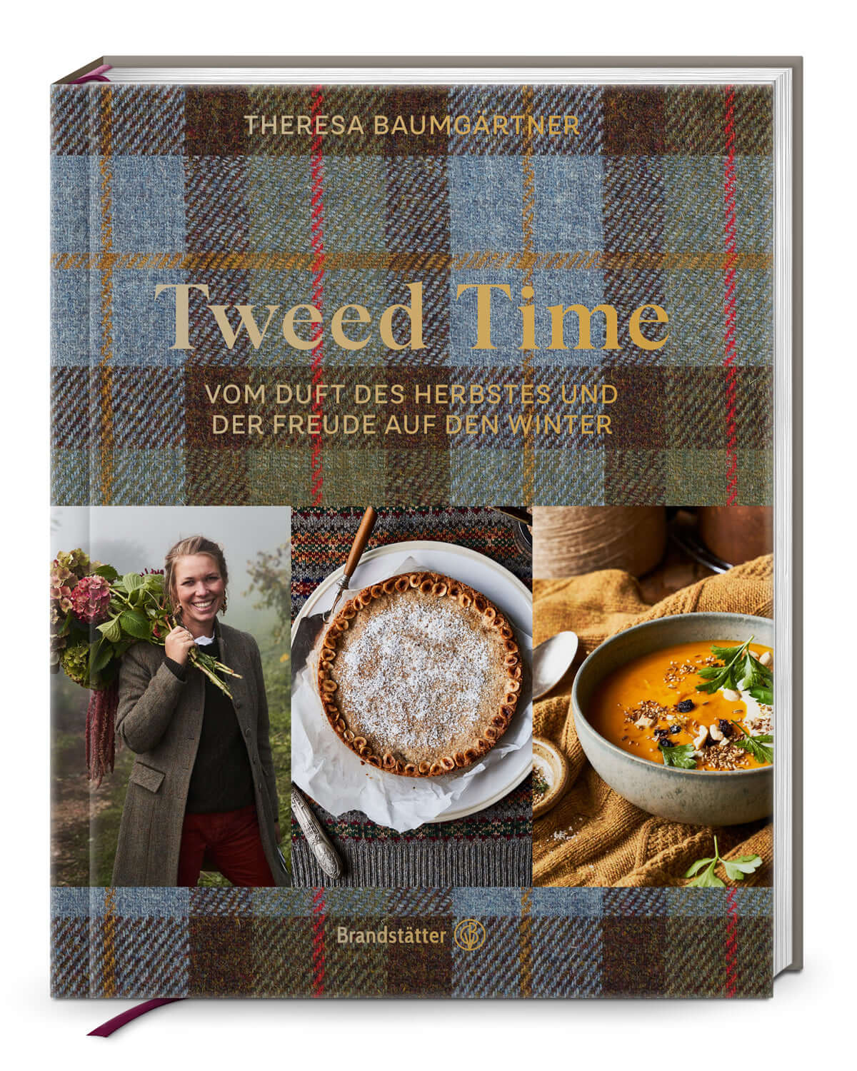 "Cover of 'Tweed Time' by Theresa Baumgärtner featuring autumnal scenes and culinary delights at Hazelnut House."