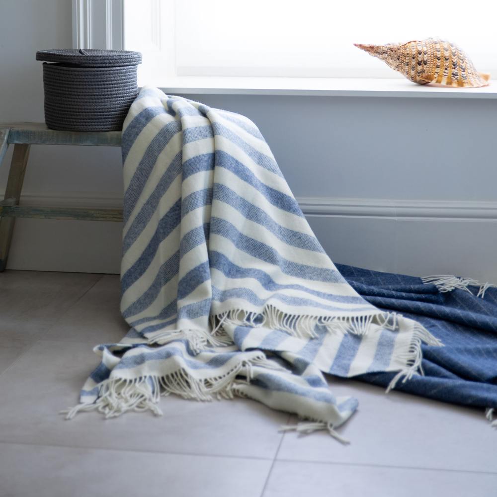 Merino Lambswool Blanket White & Denim Stripe (3146)