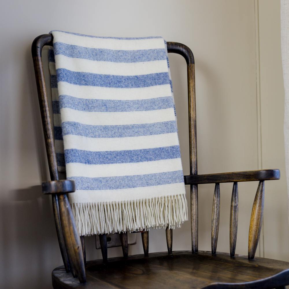 Merino Lambswool Blanket White & Denim Stripe (3146)